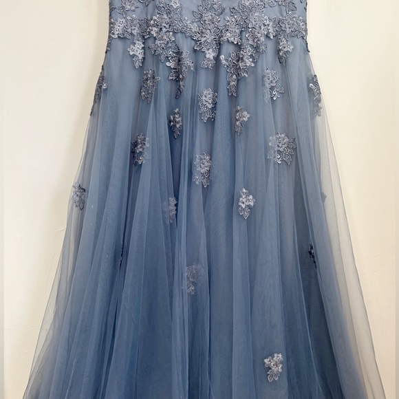 La Femme 29380 Tulle A Line Gown in Slate Embroidered Floral Lace Flowers Prom - Picture 5 of 11